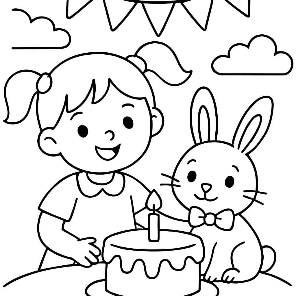 Girl with pigtails with a bunny that wears a bow at a birthday party with cake and balloons