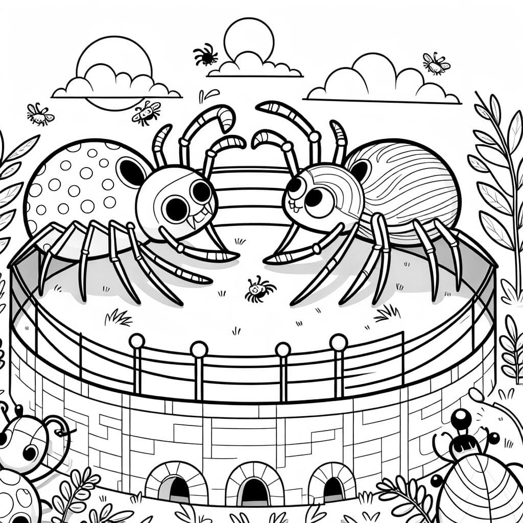 zwei Spinnen, die sich in einer Arena bekämpfen