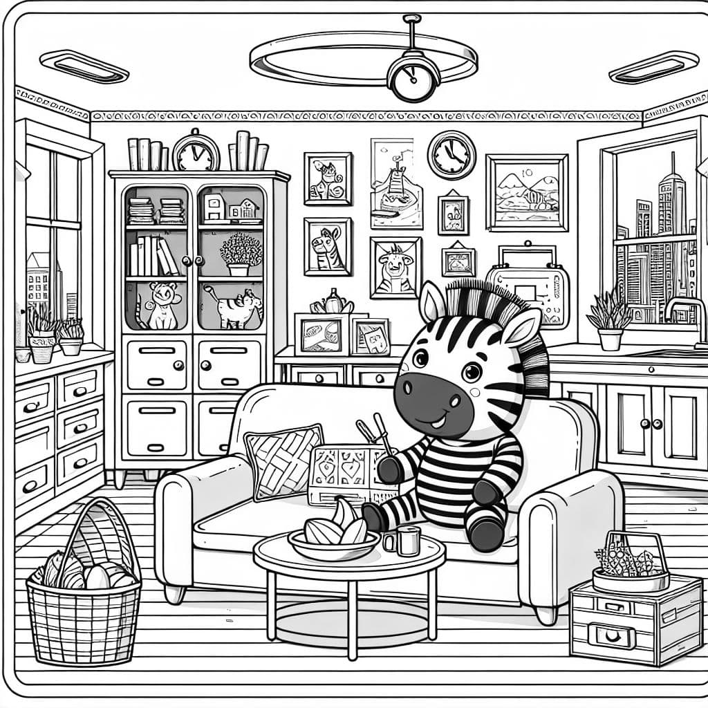 Ein Zebra in einer Wohnung mit schränken und bildern