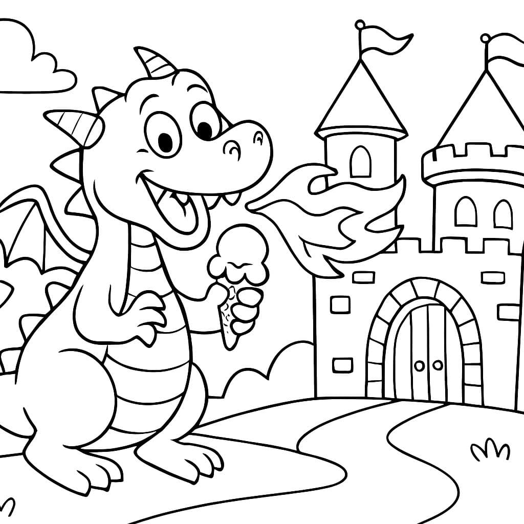 Un dragon tenant une glace et crachant des flammes sur un château.