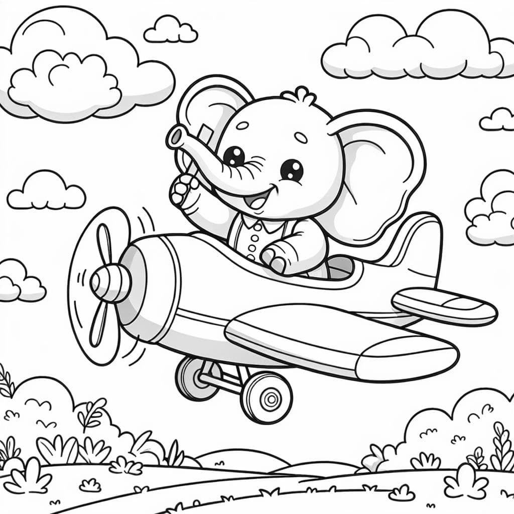 Ein Elefant fliegt mit einem Flugzeug in den Himmel.