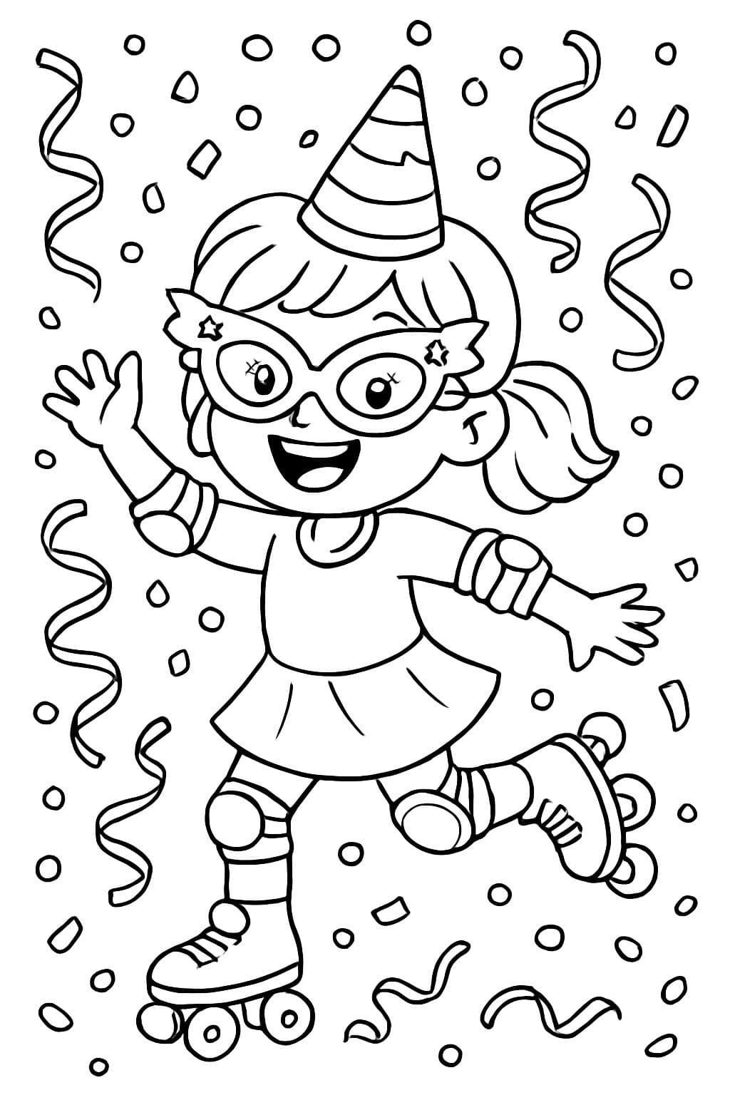 Regarding Carnival, a girl on roller skates with knee and elbow pads, a funny carnival glasses, a carnival hat, confetti, and paper streamers in the background