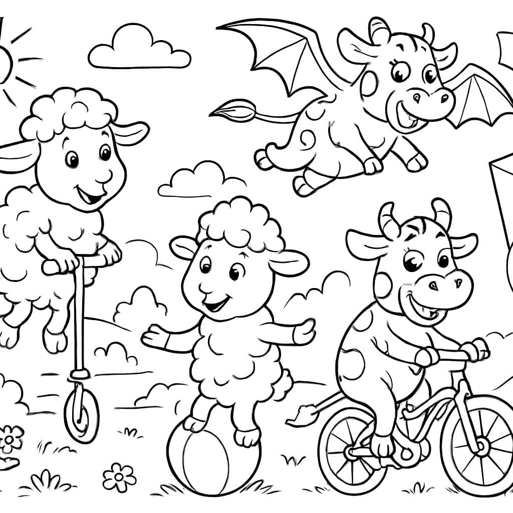tres ovejas y tres vacas haciendo acciones imposibles