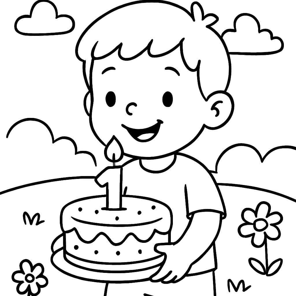 Ein glücklicher Junge, der seinen ersten Geburtstagskuchen hält.