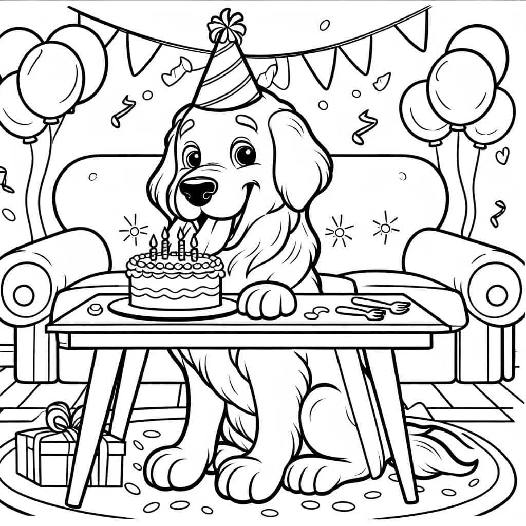Un perro golden retriever en una fiesta de cumpleaños.