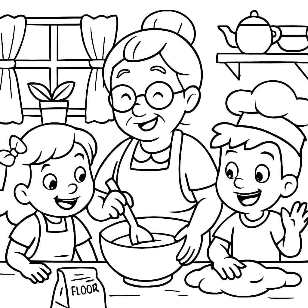 Grand-mère cuisinant avec son petit-fils et sa petite-fille