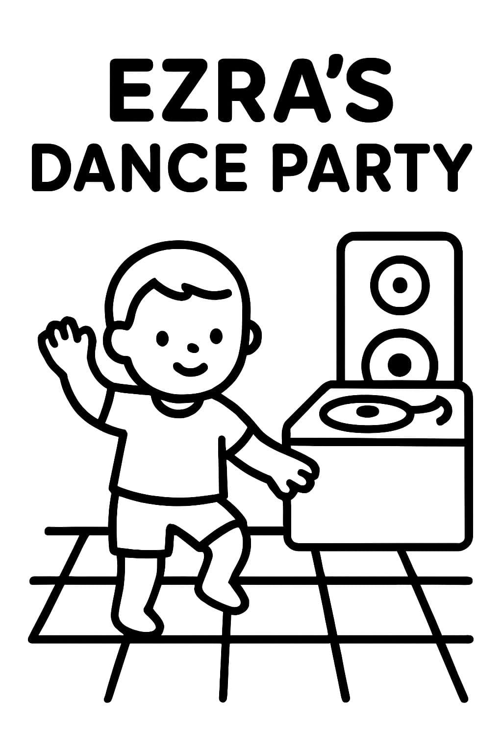 A festa de dança de Ezra. Com um bebê dançando em um piso de dança quadriculado com uma cabine de DJ.