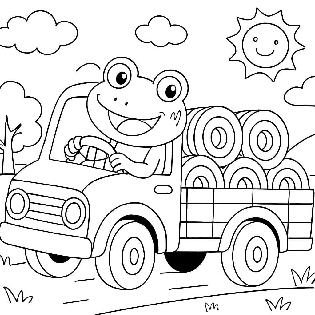 Ein Frosch, der einen Flachbetttruck fährt und Metallspulen liefert.