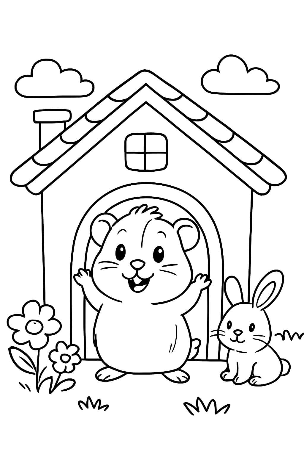 ein Meerschweinchen in einem Haus mit einem Satteldach und einem kleinen Haustier