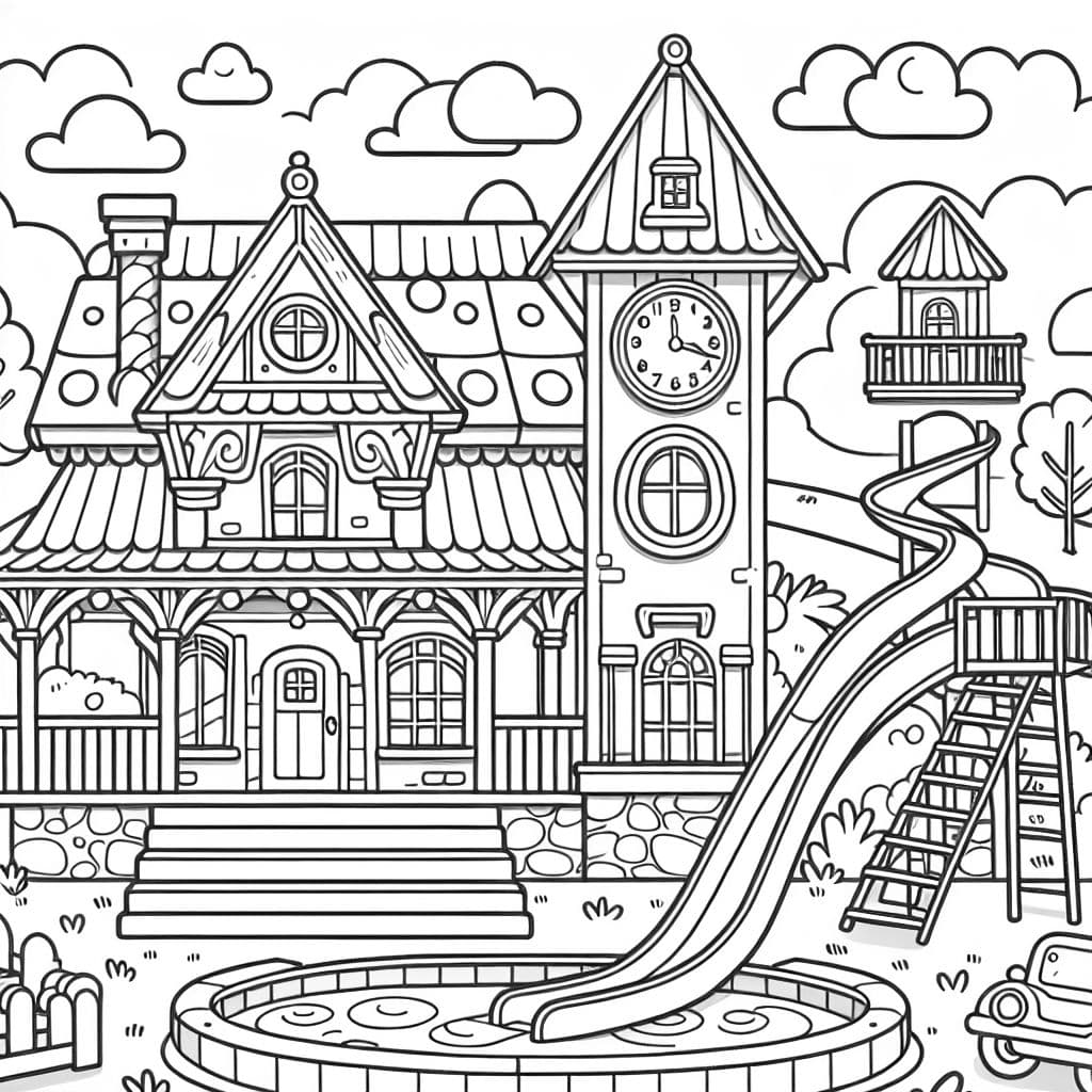 Una casa que se puede imprimir en formato horizontal y tiene un reloj, un parque infantil, escaleras y un tobogán que lleva a una piscina.