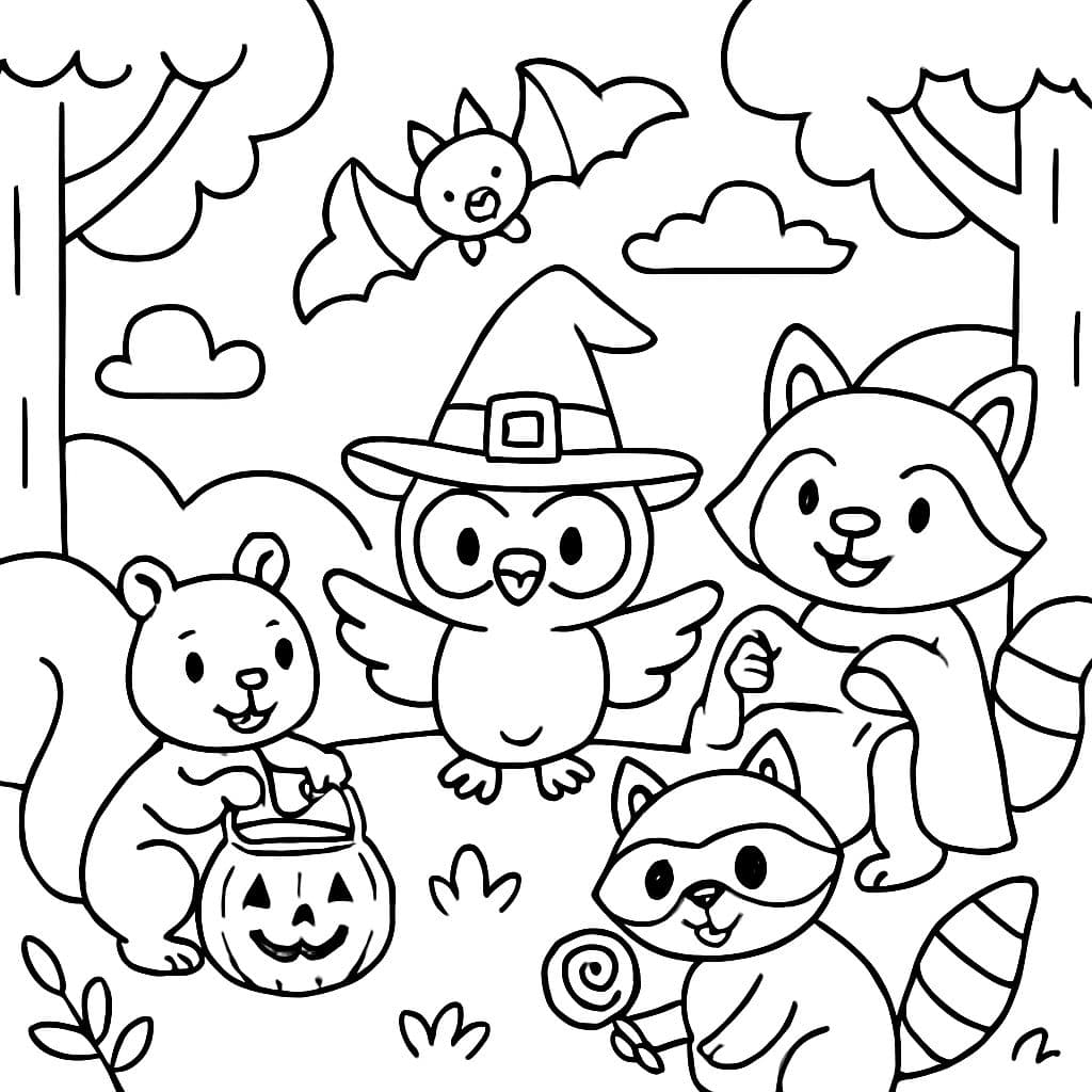 Animales del bosque celebrando una fiesta de Halloween