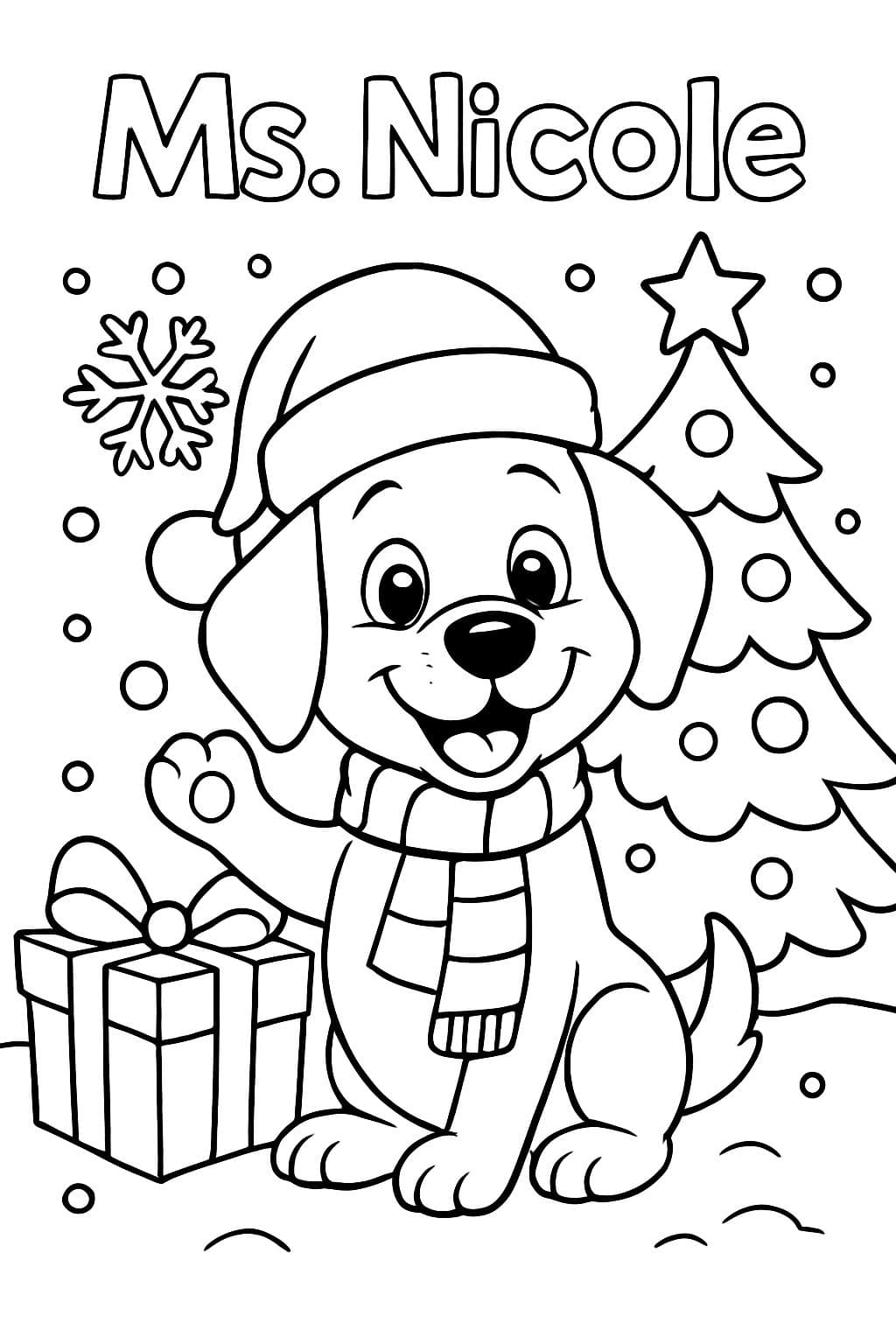 Perro de Navidad que dice 'Ms. Nicole' arriba.