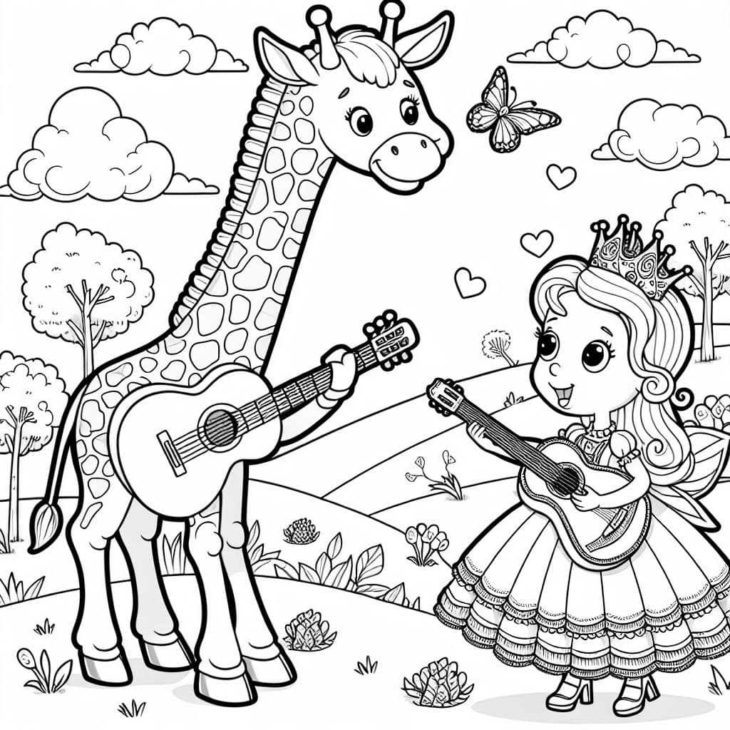 Eine Giraffe und eine Prinzessin, die Gitarre spielen.