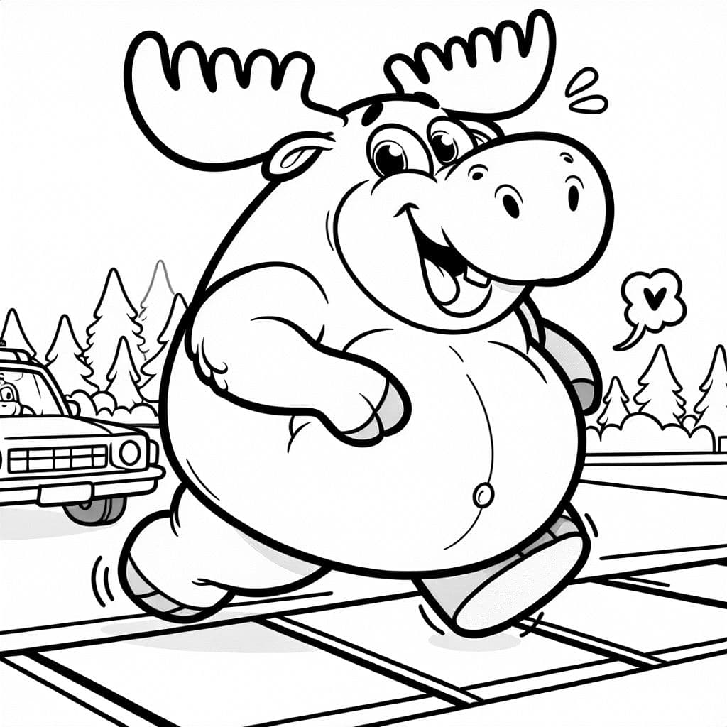 Fat moose crossing the highway smiling with teeth and silly dancing