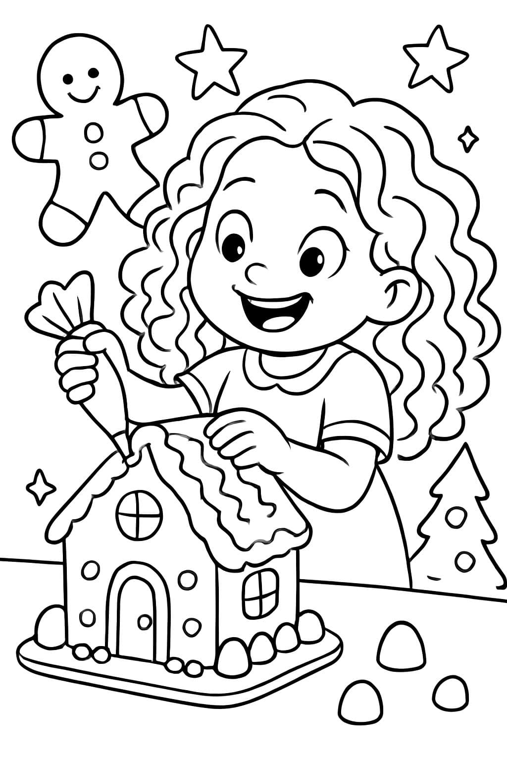 3-jähriges Mädchen mit langen lockigen Haaren, das ein Lebkuchenhaus dekoriert.