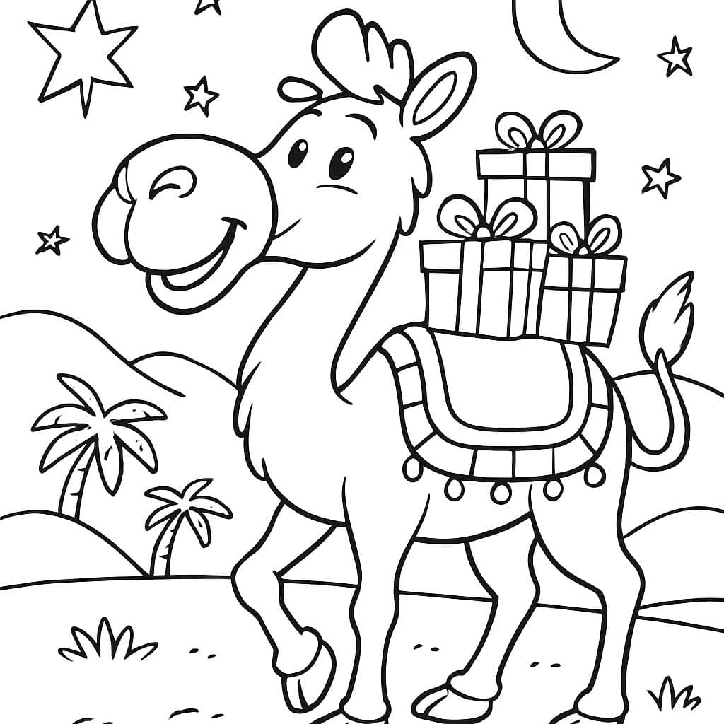 Día de Reyes (Drei Könige Tag, Mexiko/Spanien): Ein großer, freundlicher Kamel mit einer einfachen, dekorierten Decke, das drei kleine, eingepackte Geschenke auf dem Rücken trägt.