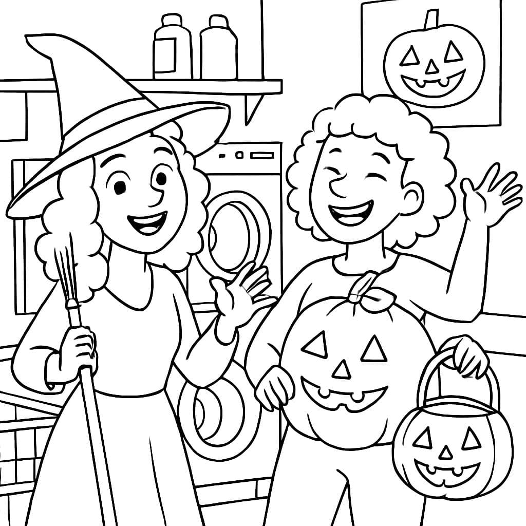 una lavandería con 2 mamás con cabello rizado en Halloween, sin niños