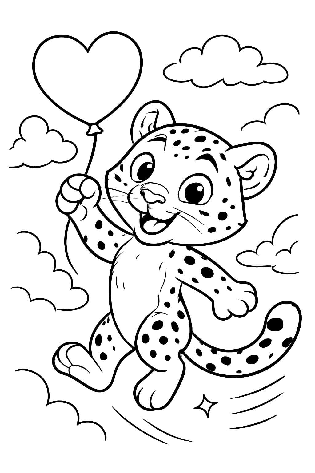 Lindinho snow leopard segurando um balão de coração flutuando no ar.