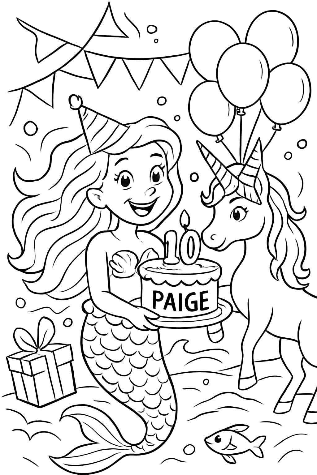 Fiesta de cumpleaños de sirena con unicornio, la sirena sostiene un pastel con el número 10 y el nombre Paige.
