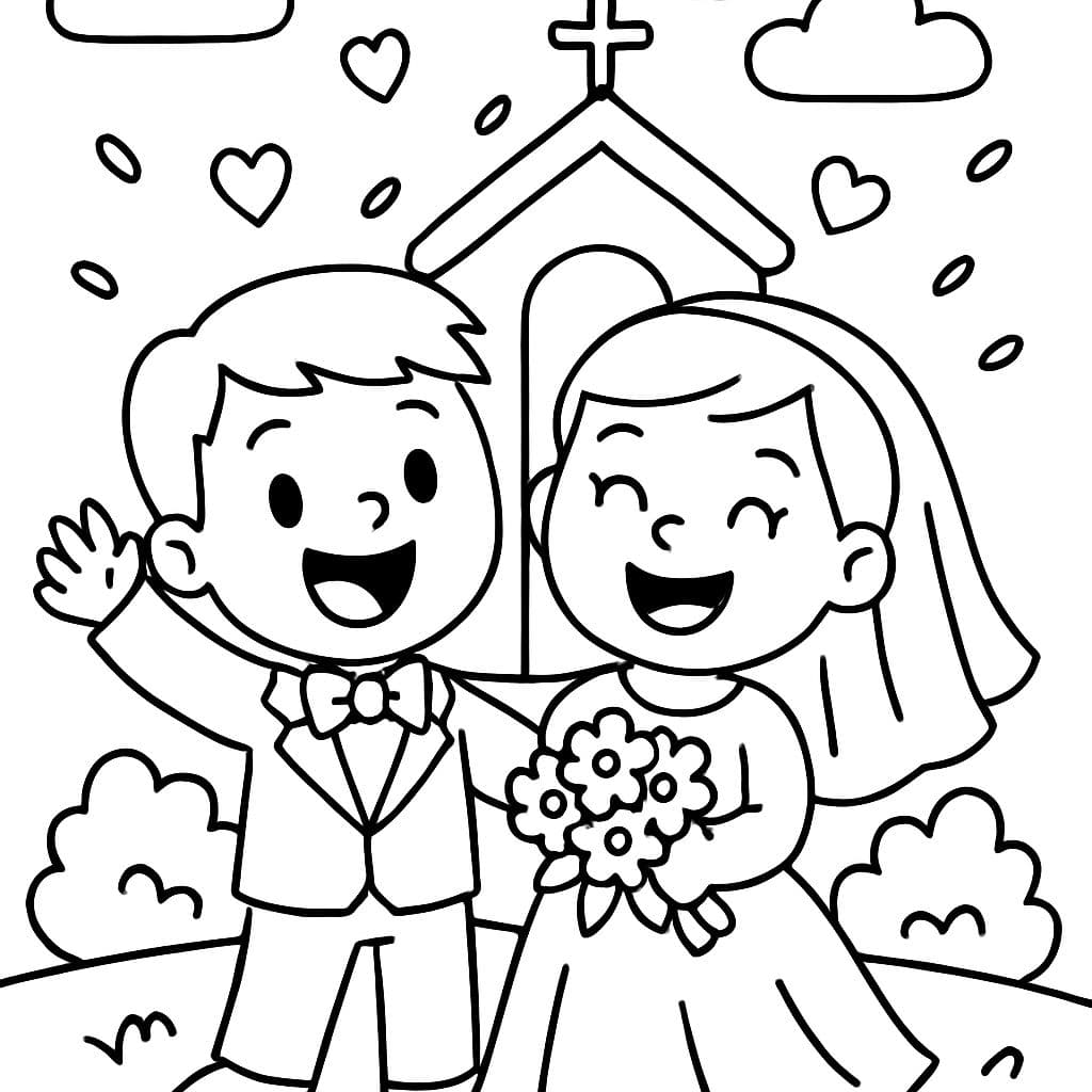 un couple le jour de leur mariage, tous deux avec les cheveux courts, l'un portant un costume et l'autre une robe