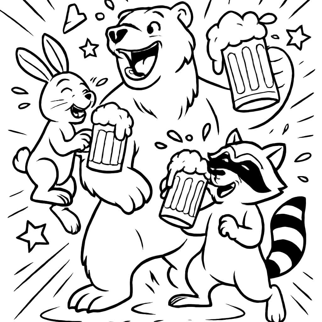 Una escena donde 3 animales están bebiendo cerveza de raíz.