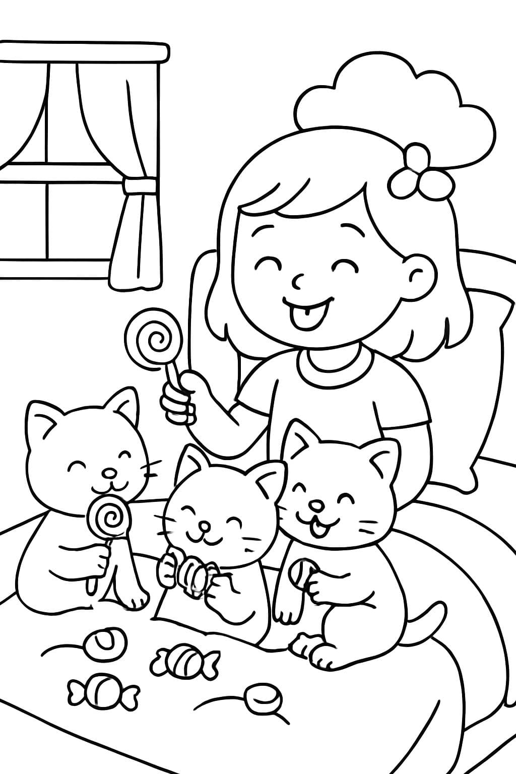 Trois petits chatons mangeant des bonbons sur le lit d'une petite fille.