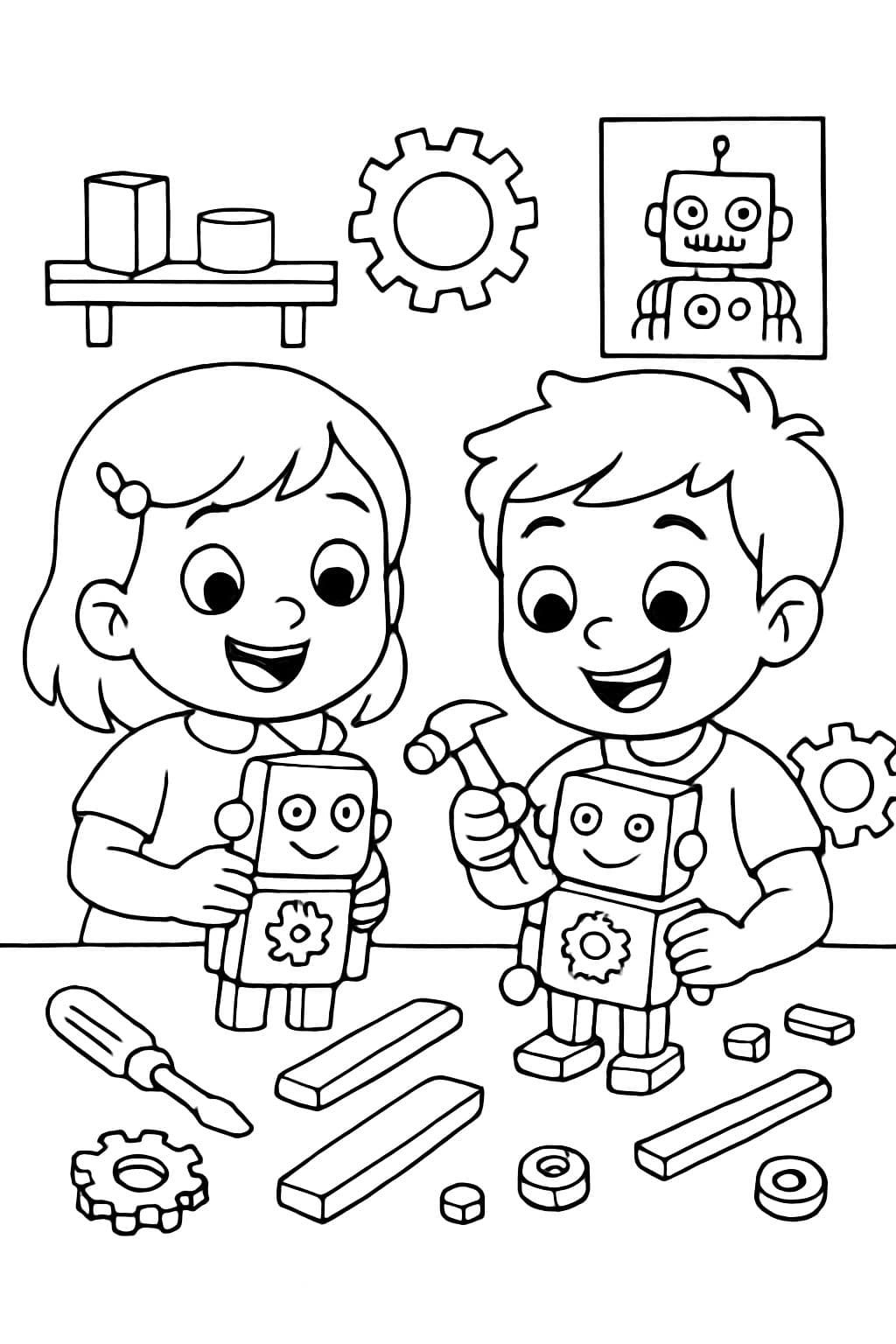 2 enfants fabriquent de petits robots en bois avec des engrenages