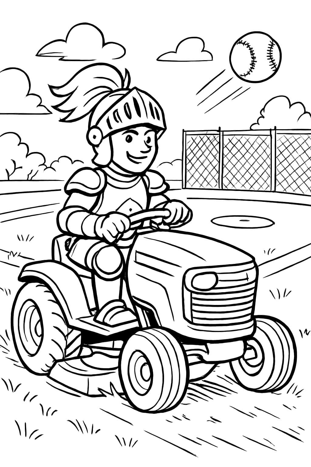 Un caballero sentado en un tractor en lugar de un caballo y cortando un campo de béisbol.
