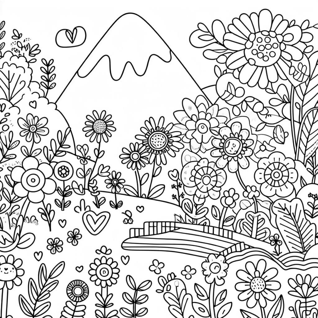 Terra das flores - Um lugar mágico cheio de flores coloridas e plantas, perfeito para colorir.