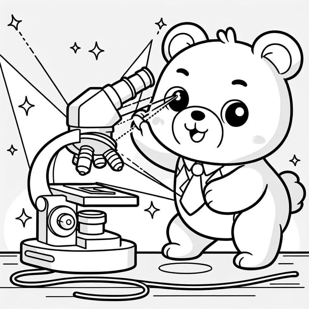 Süßer Bar spielt an einem Mikroskop mit Lasern