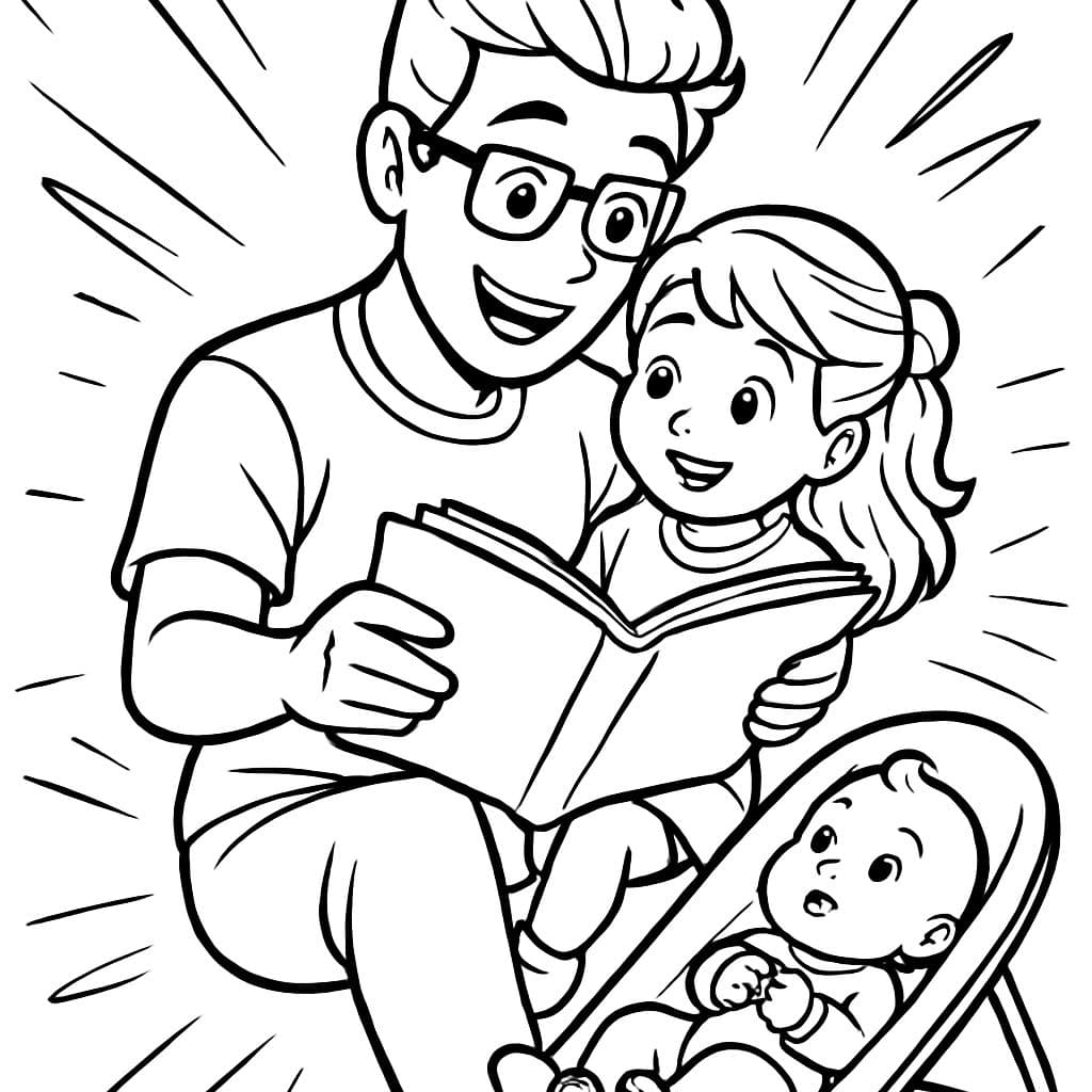 un jeune homme avec des lunettes assis avec une petite fille sur ses genoux. Le jeune homme lit un livre à la fille. Sur le sol, un bébé est assis dans un transat en regardant le jeune homme.