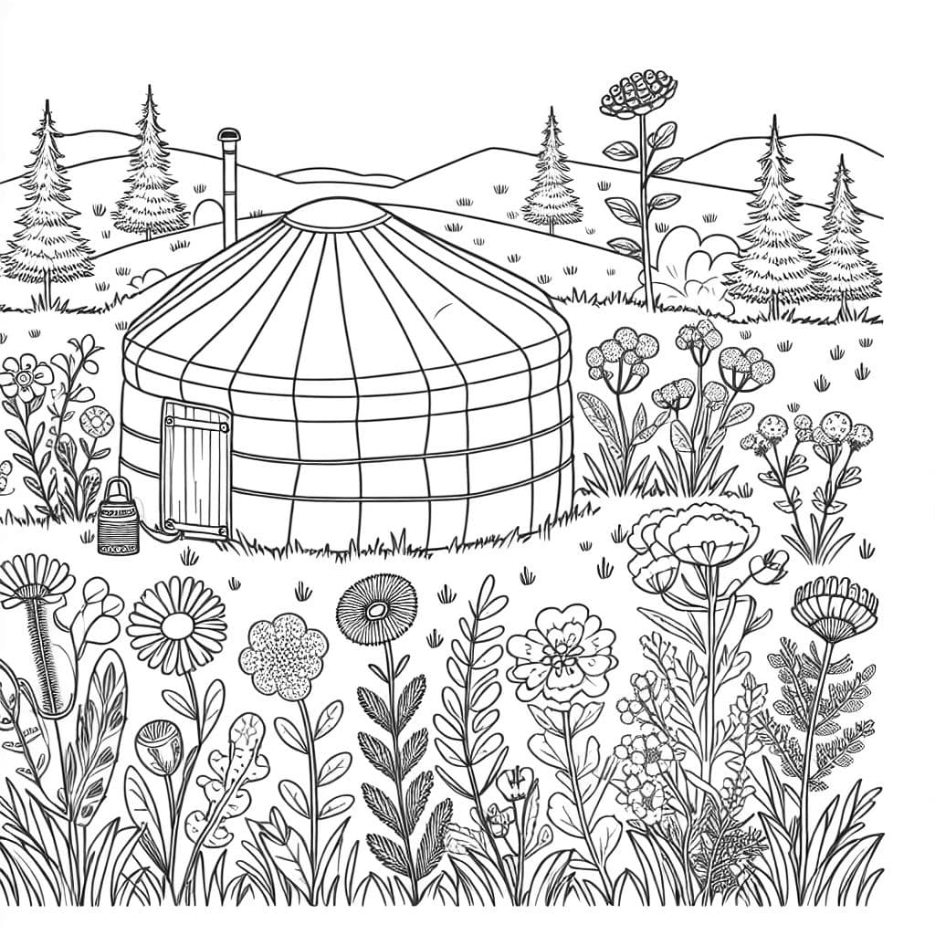 Ein Jurte auf einer Wiese mit vielen Pflanzen und Blumen
