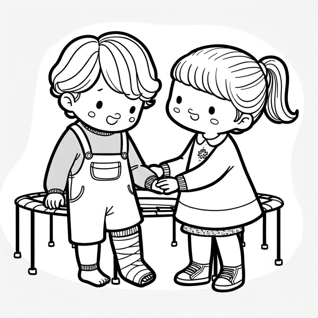 Una niña de dos años con cabello hasta los hombros en un yeso en la pierna derecha siendo consolada por una niña de cinco años con una coleta, con un trampolín en el fondo