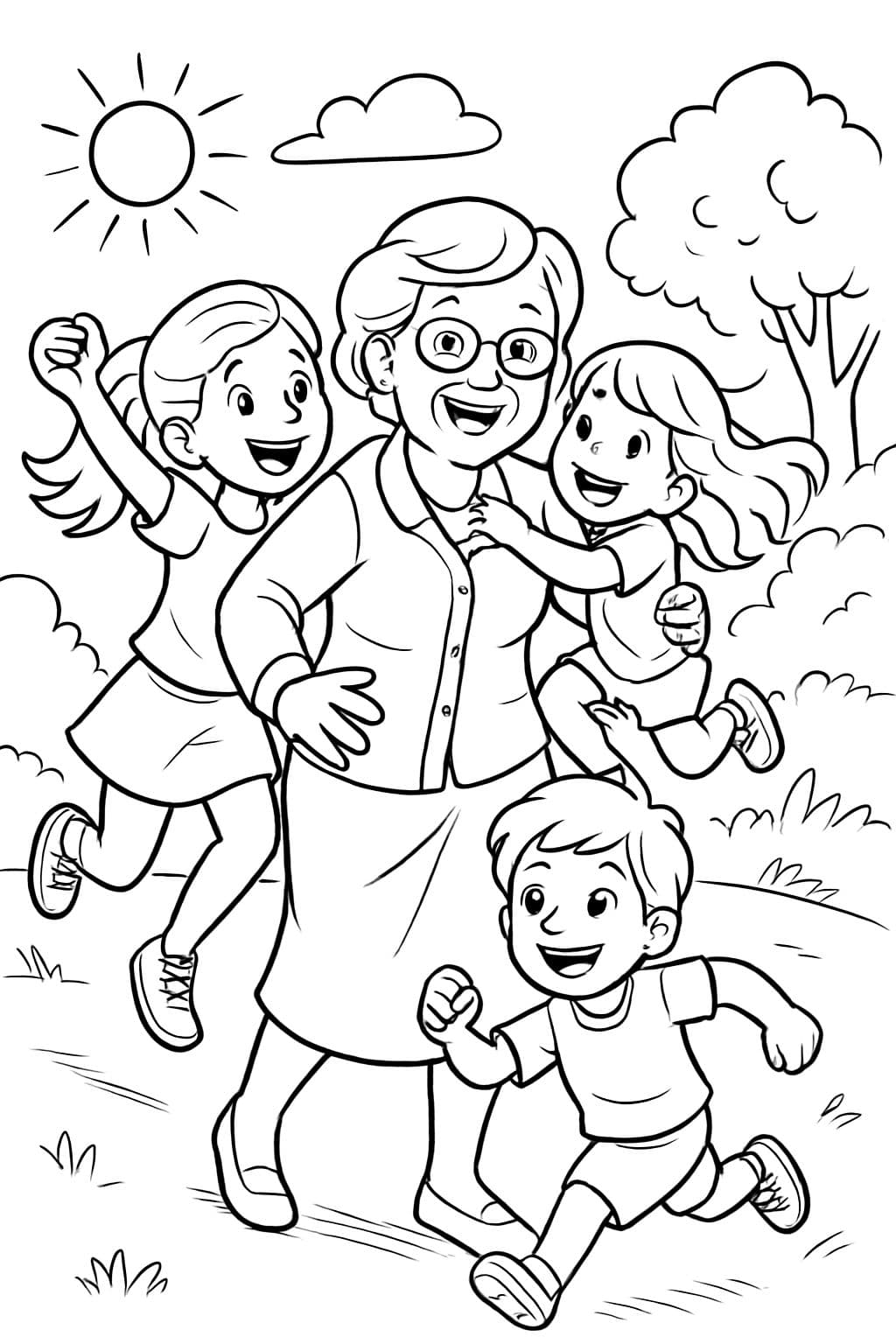 Un dibujo con una abuela con tres nietos, dos niñas, una mayor y una pequeña, y un niño mediano.