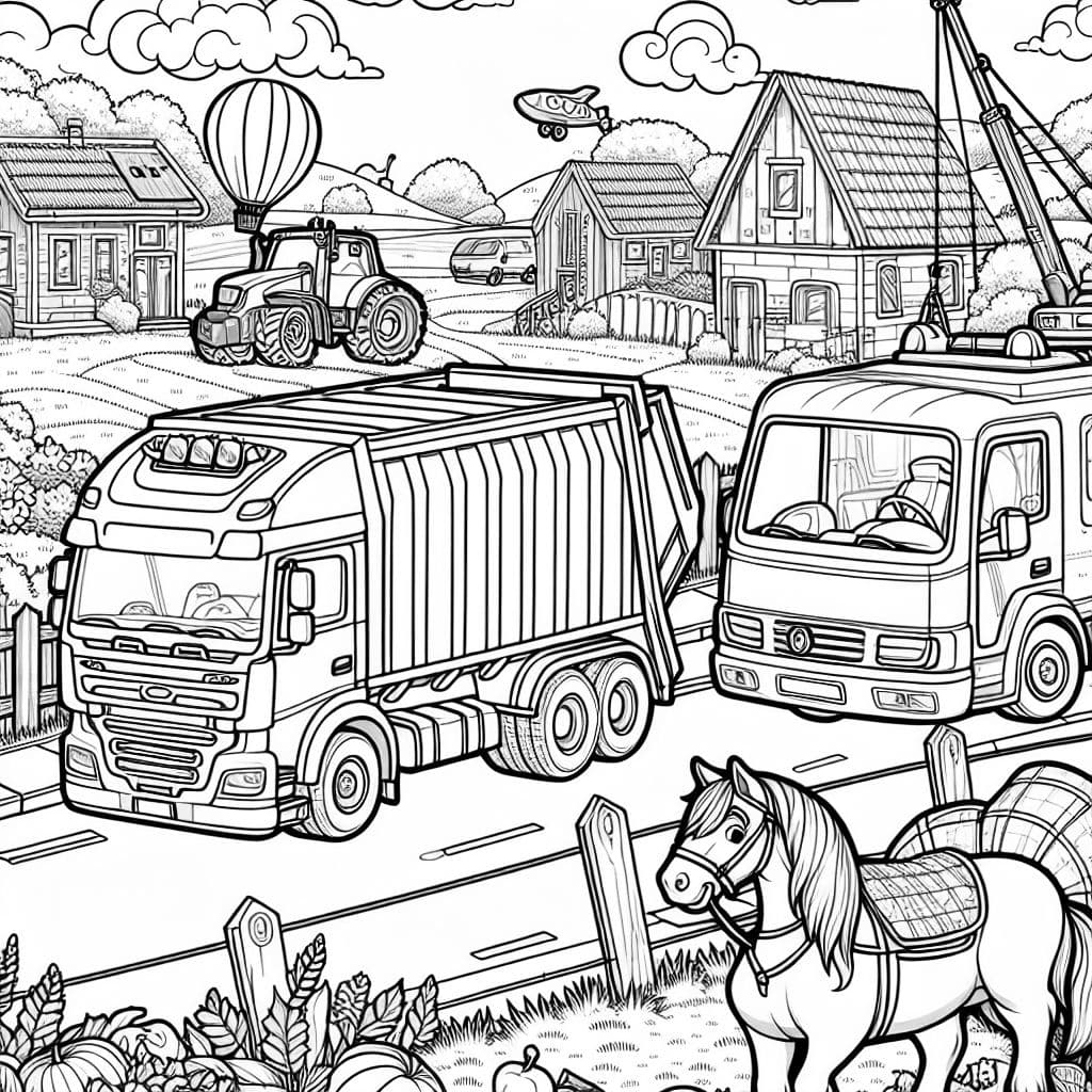 ein Wimmelbild zum Ausmalen für Kinder in der ersten Klasse zum Thema Fahrzeuge. Auf dem Bild sollen ein Müllwagen, ein Lastwagen und eine moderne Pferdekutsche auf der Straße eines Dorfs fahren. Ein Wohnwagen steht auf einer angrenzenden Wiese. Ein Kran arbeitet auf einer Baustelle. Ein Heißluftballon fliegt am Himmel.
