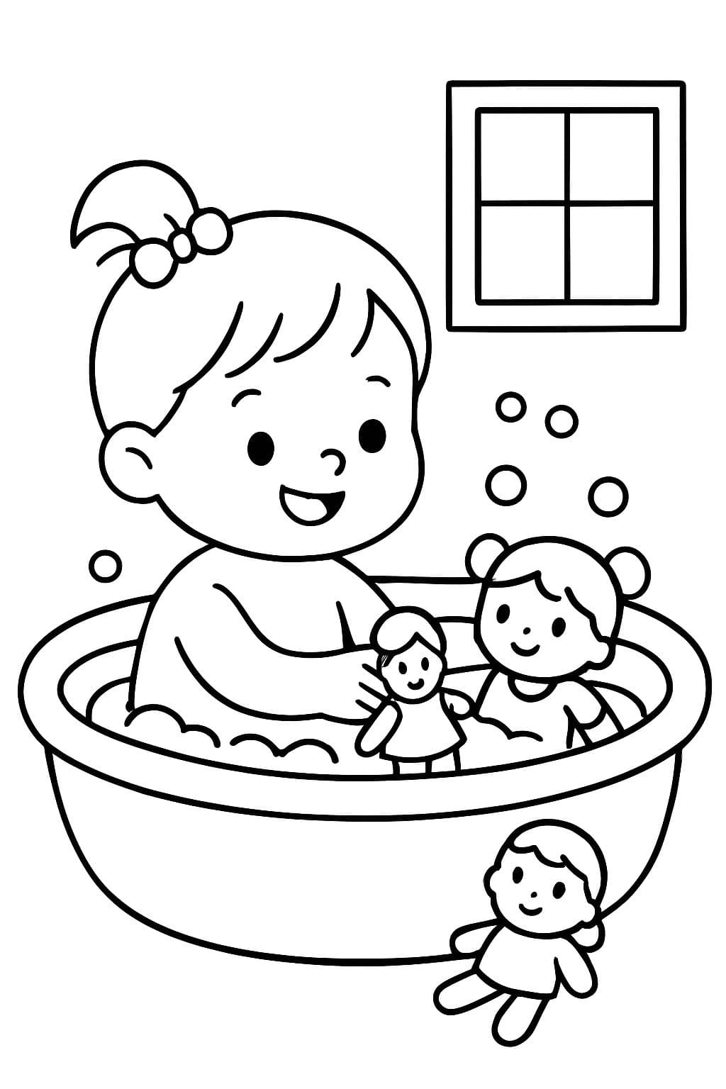 Baby-Mädchen in einem Baden, das mit ihren Puppen spielt.