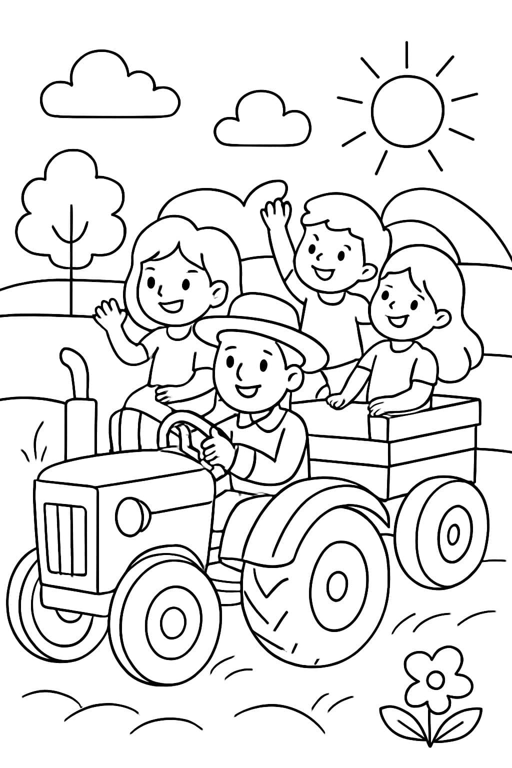 zwei Mädchen und zwei Jungs fahren auf einem Traktor