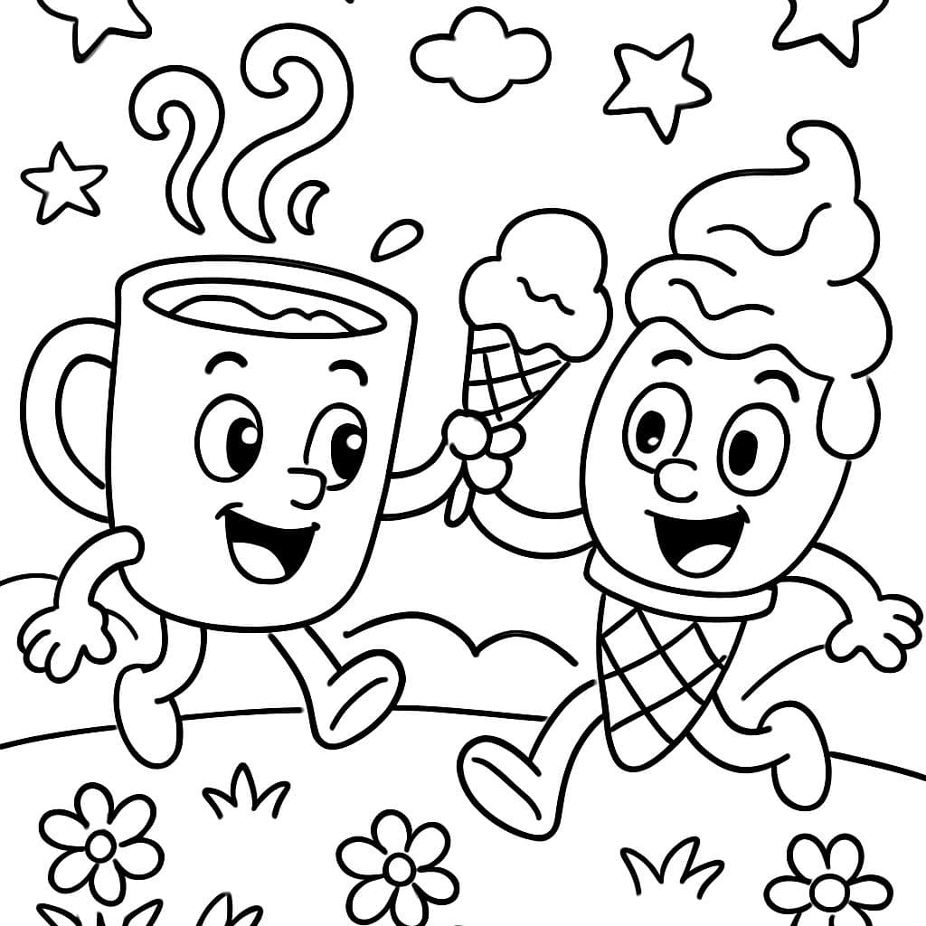 Chocolate caliente y helado junto a un prado con flores y estrellas en el cielo