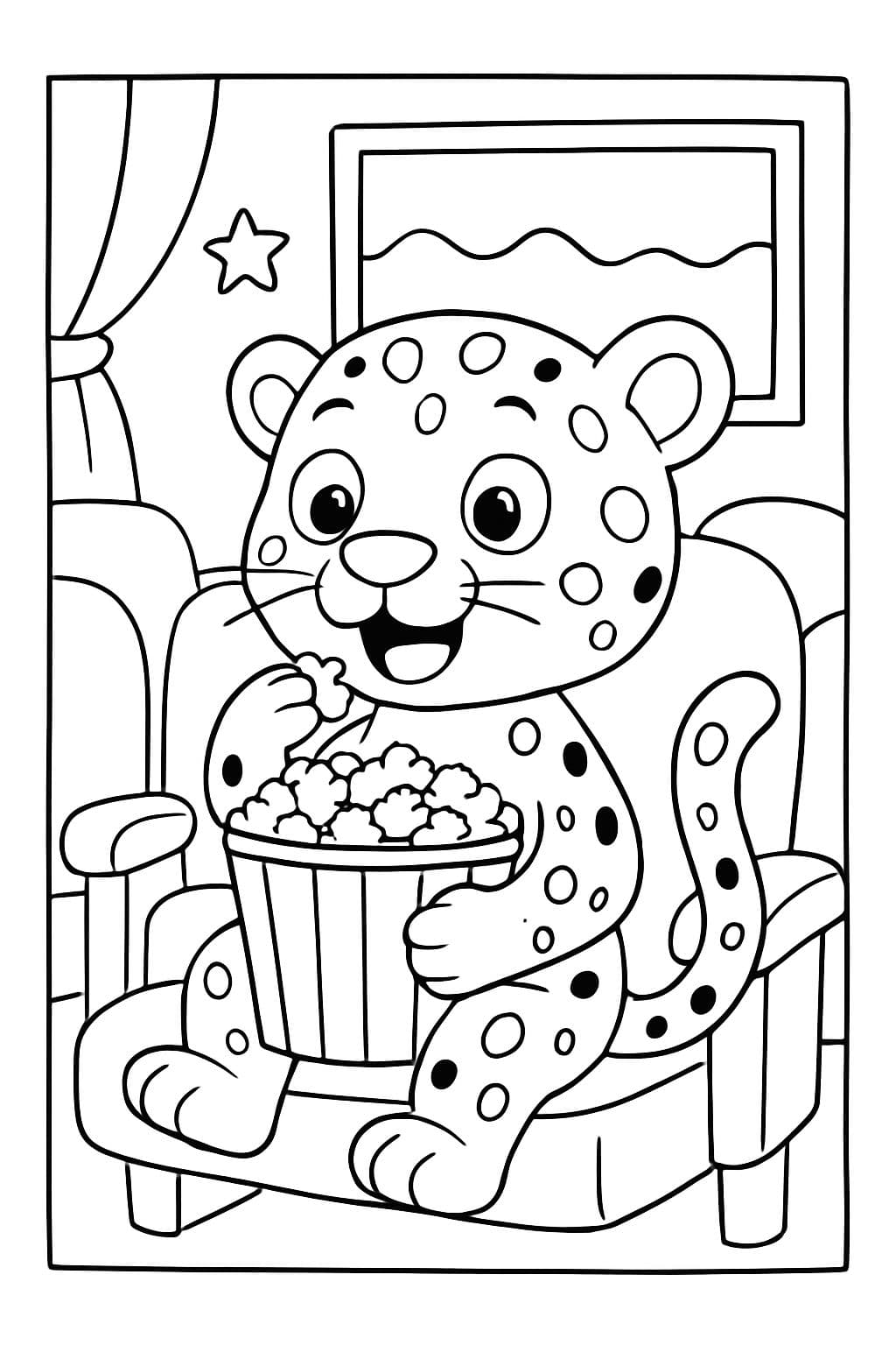 Ein Leopard im Kino, der einen Film schaut und Popcorn isst.