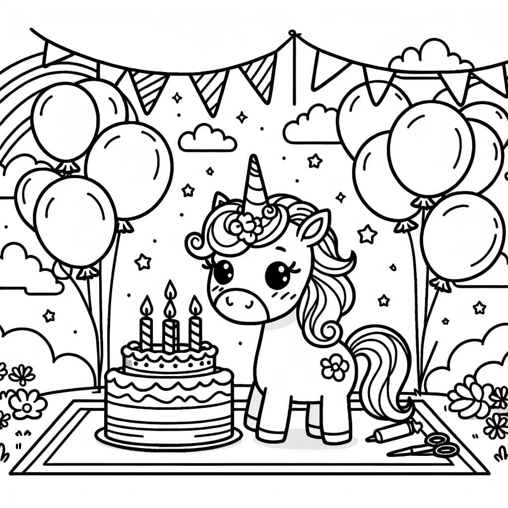 Una escena que presenta un unicornio en una fiesta de cumpleaños, rodeado de globos coloridos.