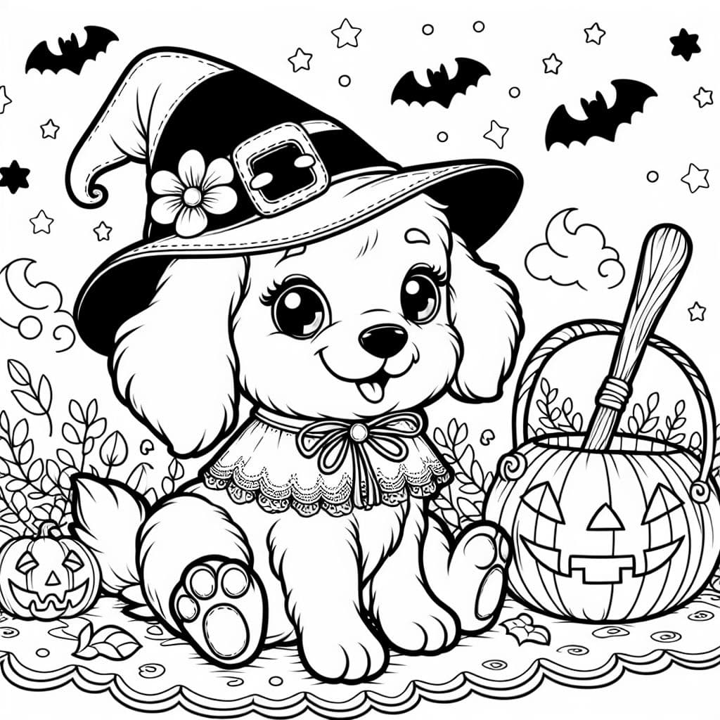 a puppy wearing a witch halloween costume only black outlines no filled in areas