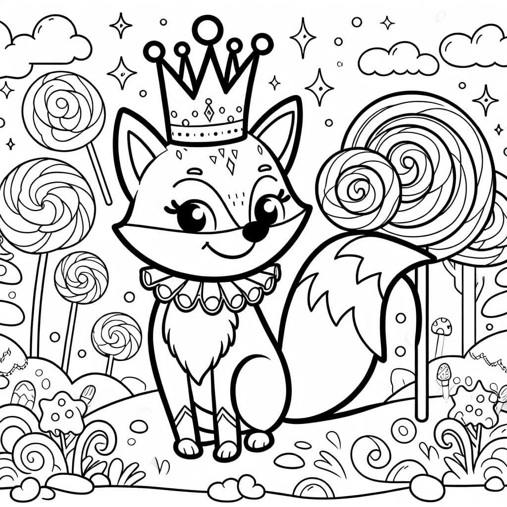 einen Zauberfuchs mit Krone in einem Land aus Süßigkeiten