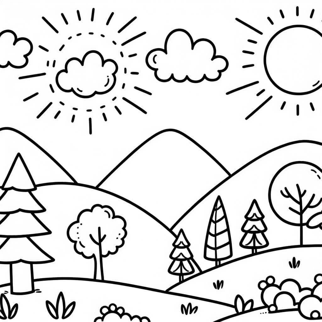 Eine simple Landschaft, nur mit Hügeln, Bäumen, Wolken und der sonne