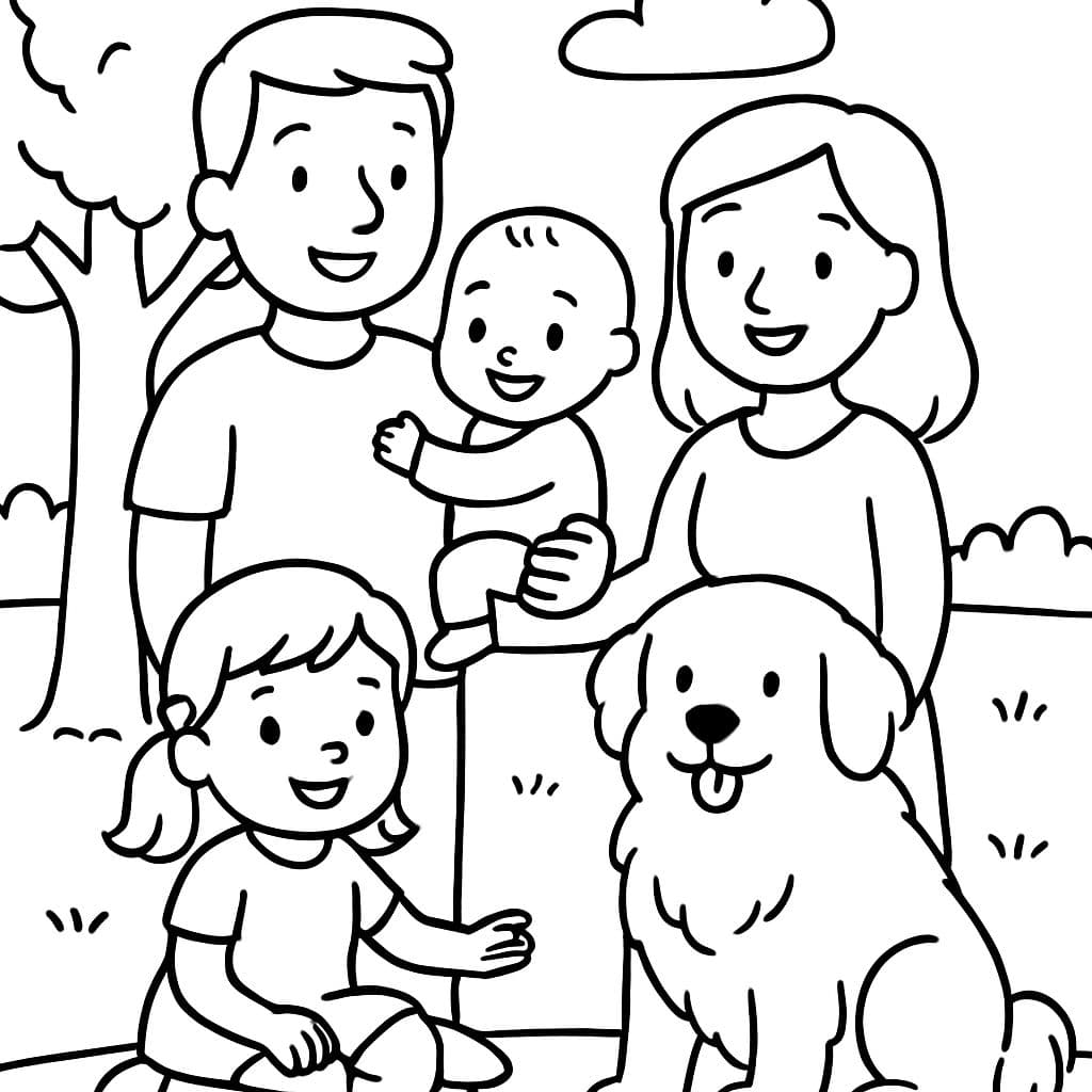 Une famille avec une maman, un papa, une petite fille de 4 ans, un petit garçon d'1 an et un grand chien des Pyrénées pelucheux.