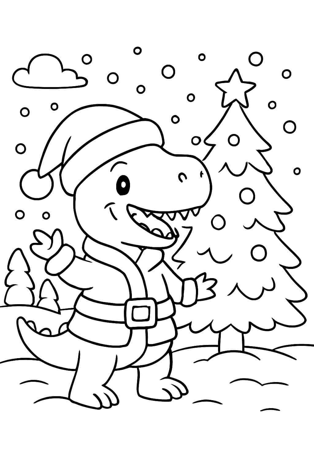 ein Dinosaurier als Weihnachtsmann im Schnee mit einem Baum