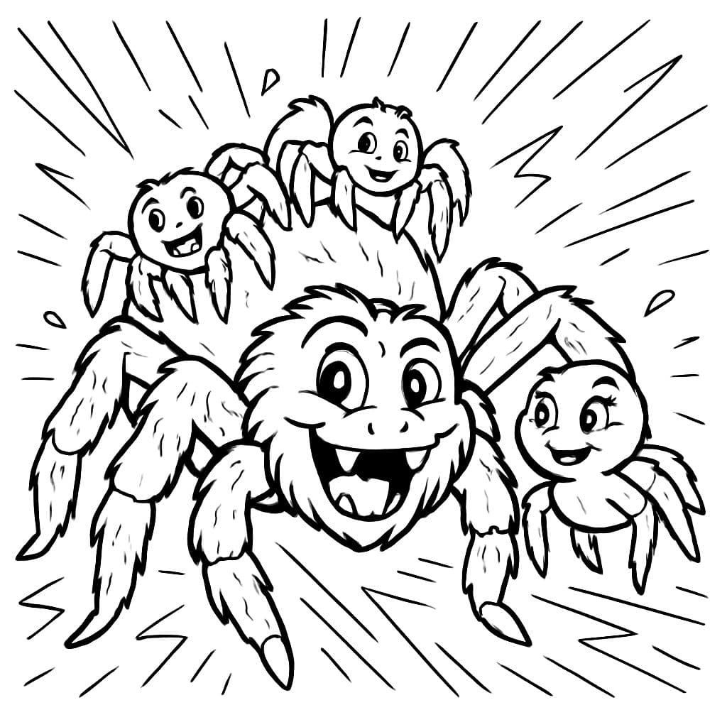 une famille de mygale. Le papa est grand avec des pattes velues, la maman se tient à sa droite, et les deux petites araignées sont sur le corps du papa.