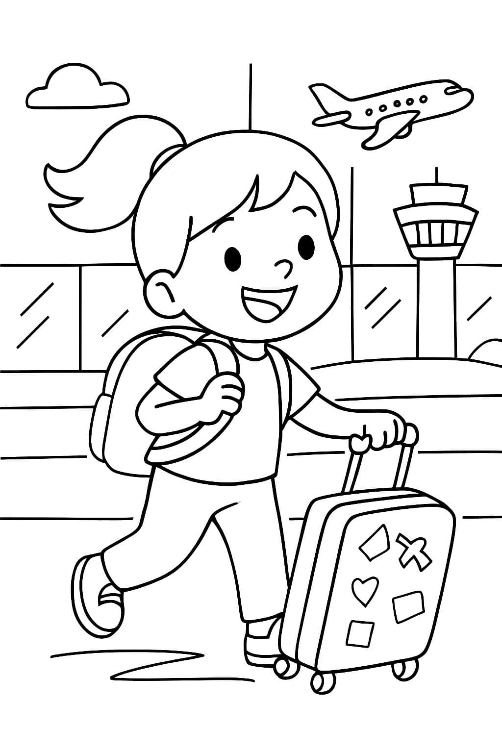 Fille de 6 ans avec une queue de cheval, tirant une valise et portant un sac à dos à l'aéroport. La valise a des autocollants dessus.