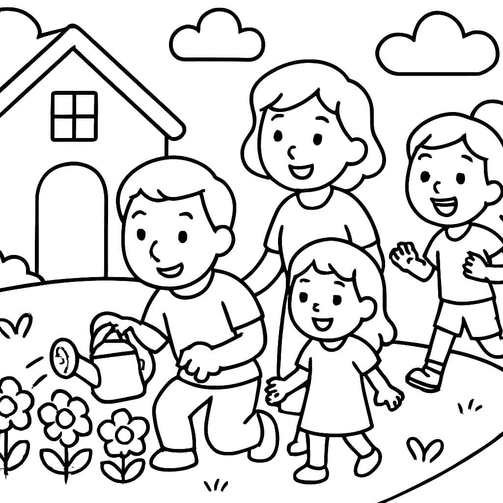 Una familia regando algunas flores cerca de una casa y vienen amigos.
