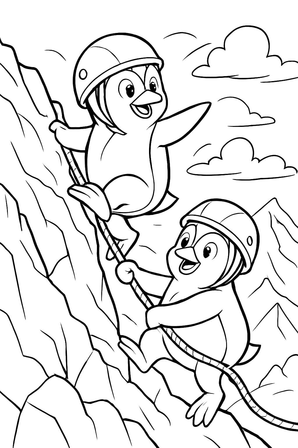 deux pingouins grimpant sur une montagne et portant des casques