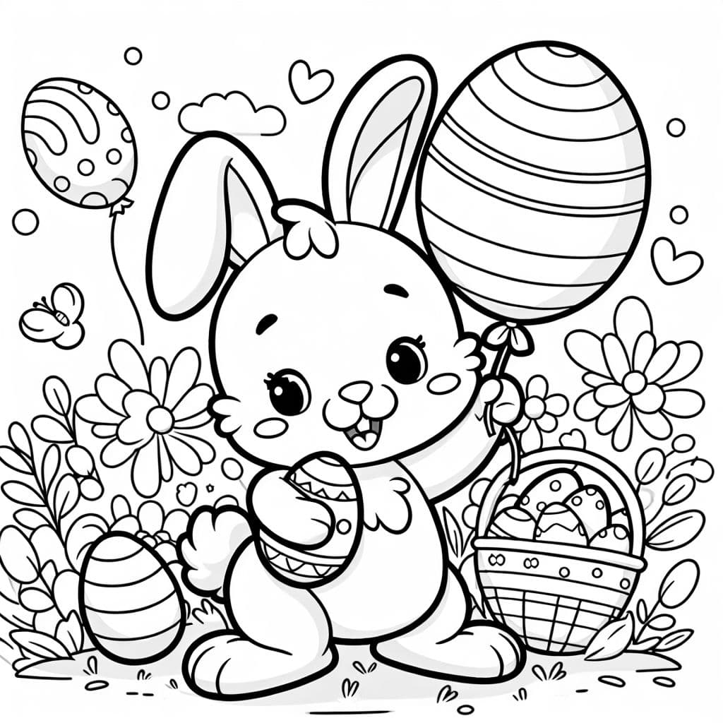 Einen Osterhasen mit einem Ei und einem Luftballon in der Hand